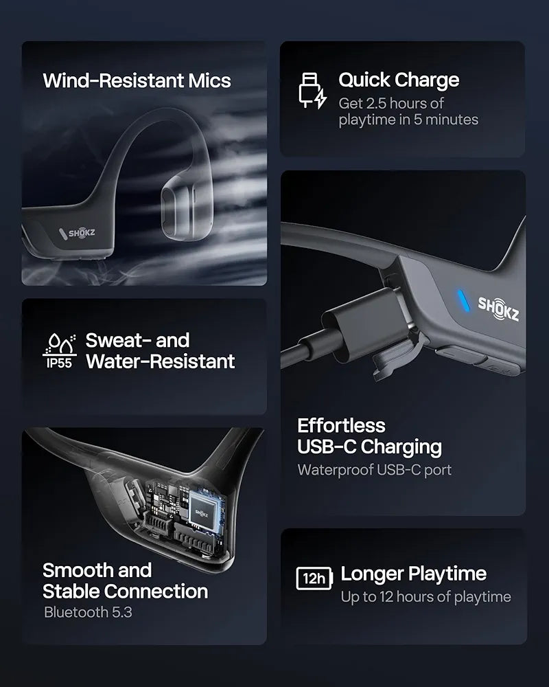 SHOKZ New OpenRun Pro 2- Bone Conduction Headphones, Open-Ear Bluetooth Wireless Sport Earphones for Running, Workouts - Sweat Resistant, Secure Comfortable Fit -Deep Bass, Smart Mic, Reflective Strip